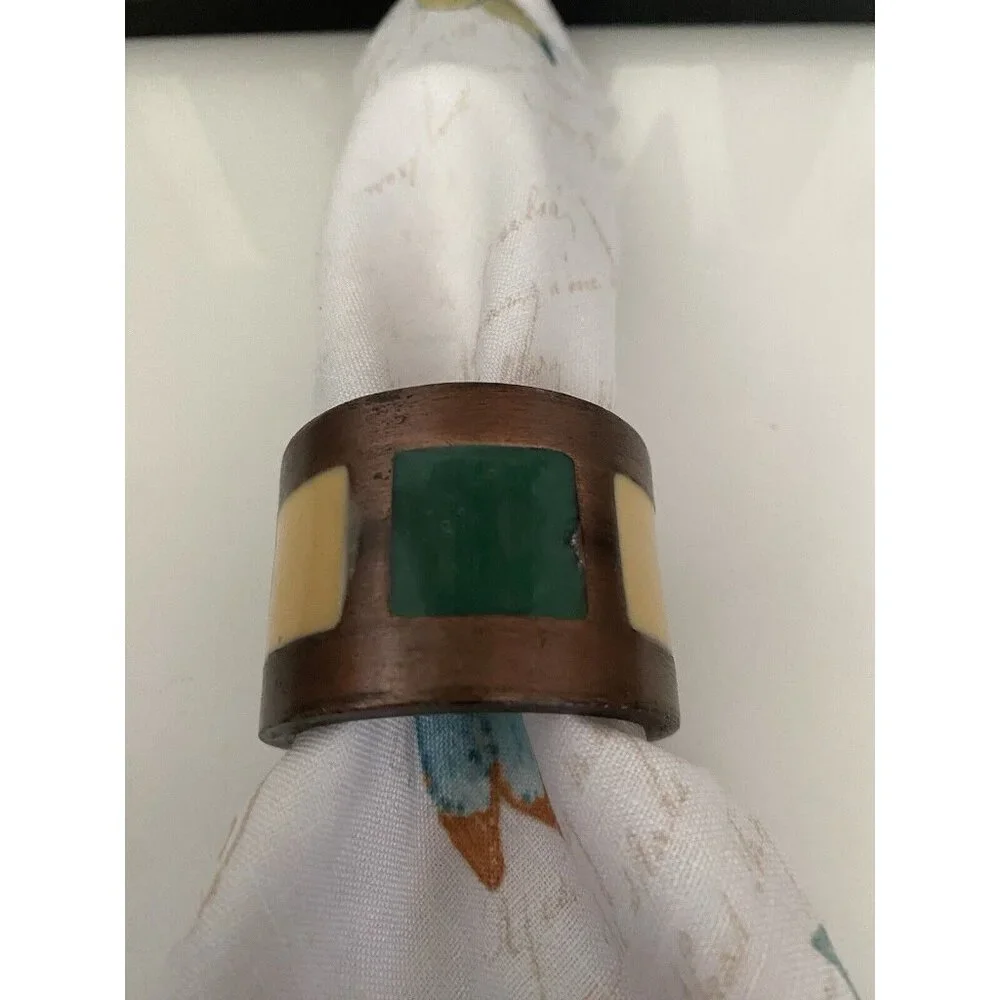 Vintage 1980s Pier 1 Napkin Rings Bronze Green Yellow Inlay Set of 4‎ Retro EUC